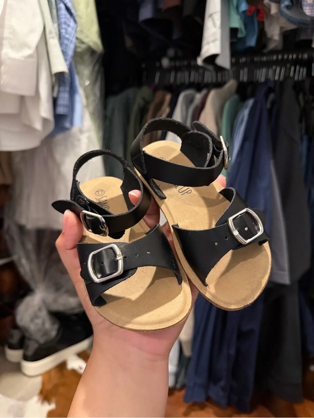 Kids Leather Buckle Sandals - Black and Tan